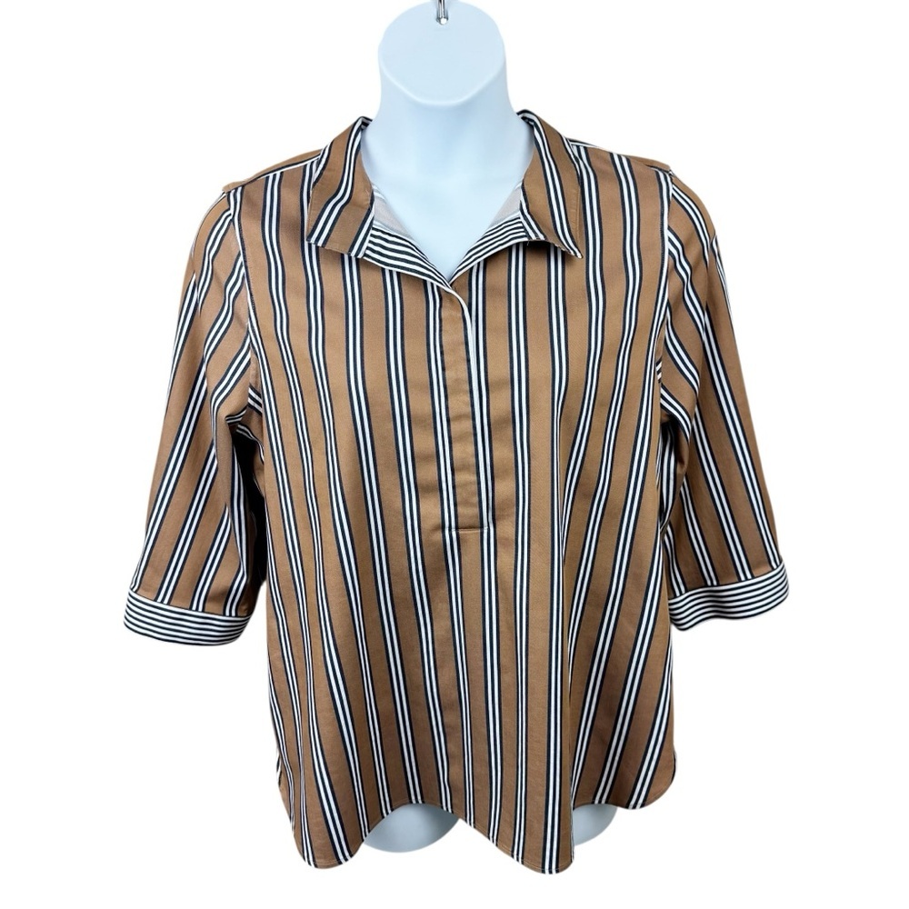 Chico's No Iron Chic Stretch Striped Hidden Placket Button Back Tunic Top